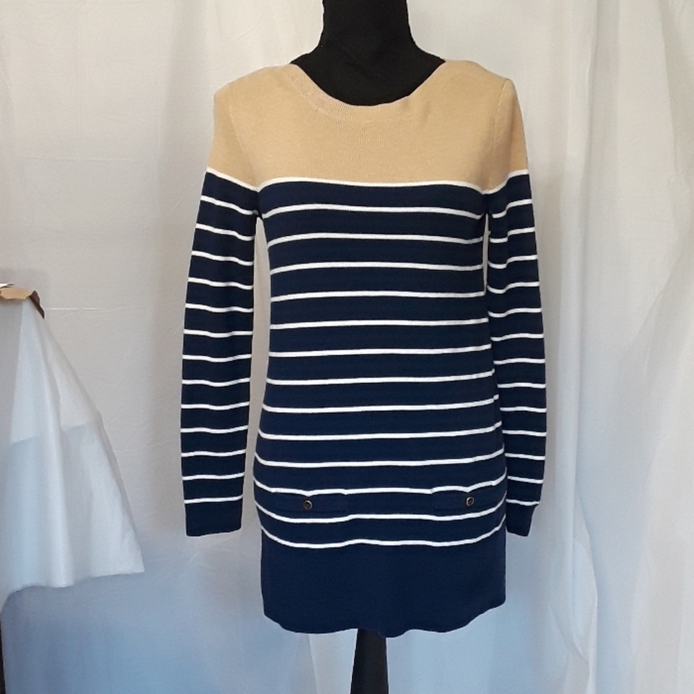 LANDS END Striped Sweater Dress Blue Beige XS